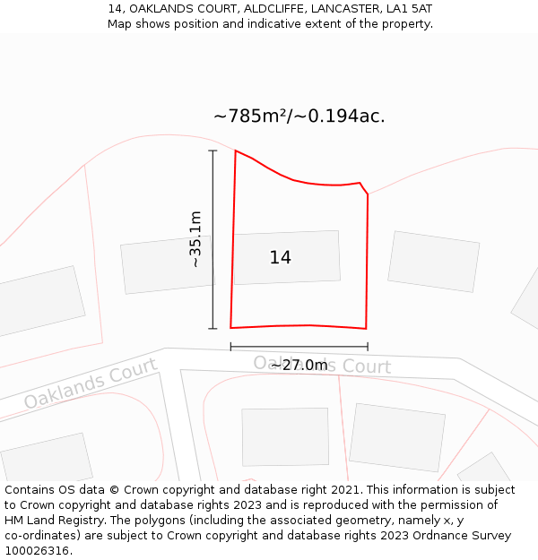 14, OAKLANDS COURT, ALDCLIFFE, LANCASTER, LA1 5AT: Plot and title map