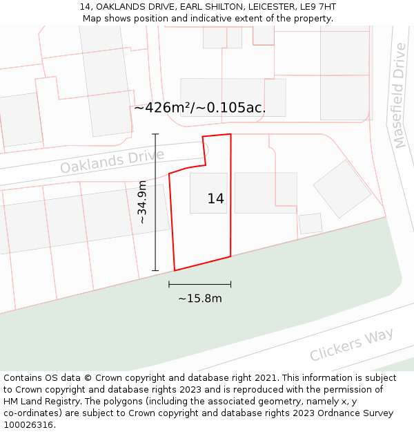 14, OAKLANDS DRIVE, EARL SHILTON, LEICESTER, LE9 7HT: Plot and title map