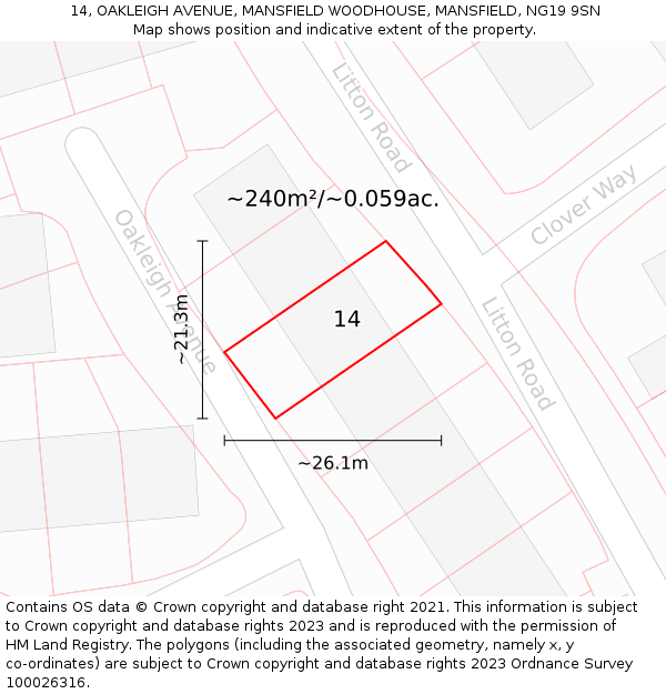 14, OAKLEIGH AVENUE, MANSFIELD WOODHOUSE, MANSFIELD, NG19 9SN: Plot and title map