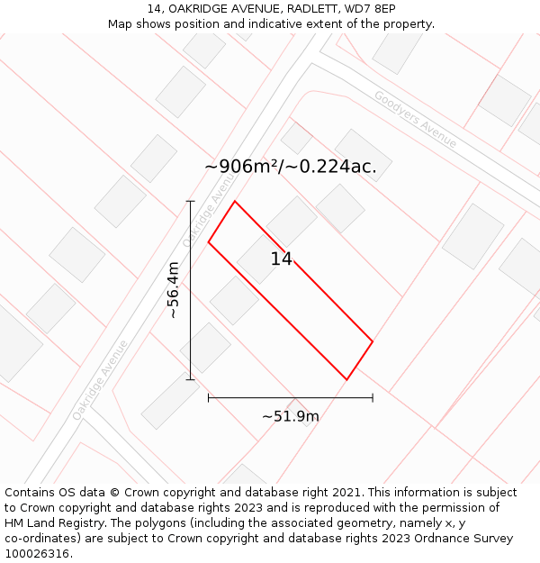 14, OAKRIDGE AVENUE, RADLETT, WD7 8EP: Plot and title map