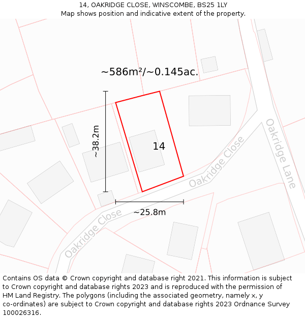 14, OAKRIDGE CLOSE, WINSCOMBE, BS25 1LY: Plot and title map