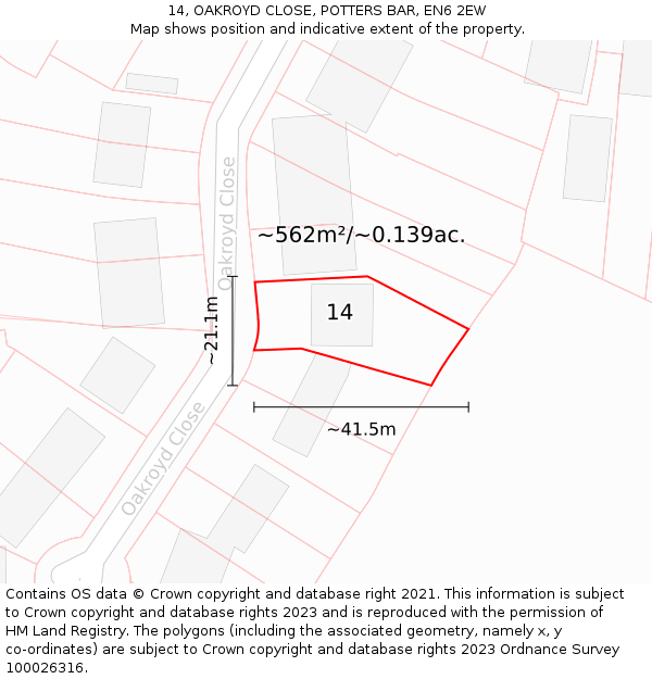 14, OAKROYD CLOSE, POTTERS BAR, EN6 2EW: Plot and title map