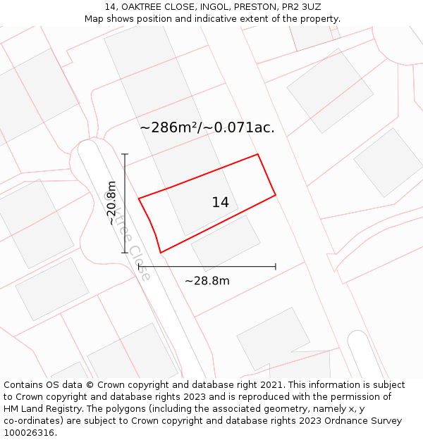 14, OAKTREE CLOSE, INGOL, PRESTON, PR2 3UZ: Plot and title map