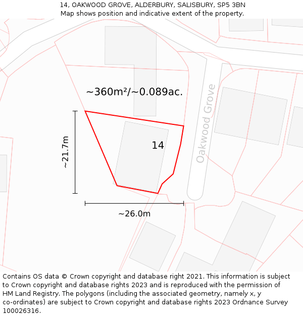 14, OAKWOOD GROVE, ALDERBURY, SALISBURY, SP5 3BN: Plot and title map