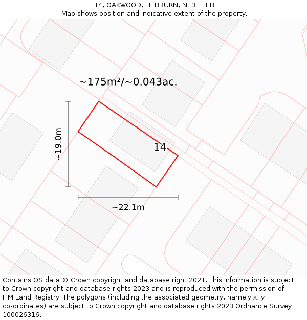 14, OAKWOOD, HEBBURN, NE31 1EB: Plot and title map