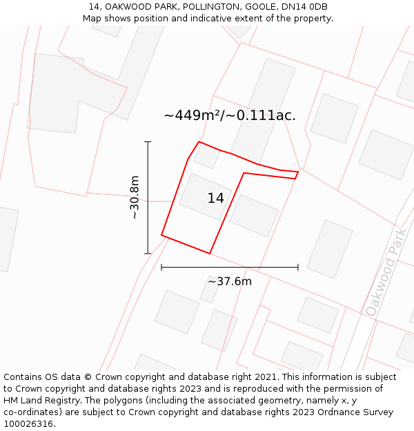 14, OAKWOOD PARK, POLLINGTON, GOOLE, DN14 0DB: Plot and title map