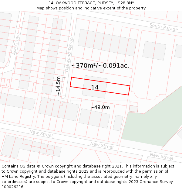 14, OAKWOOD TERRACE, PUDSEY, LS28 8NY: Plot and title map