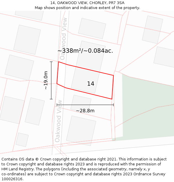 14, OAKWOOD VIEW, CHORLEY, PR7 3SA: Plot and title map