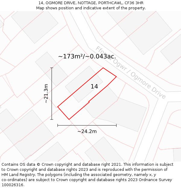 14, OGMORE DRIVE, NOTTAGE, PORTHCAWL, CF36 3HR: Plot and title map