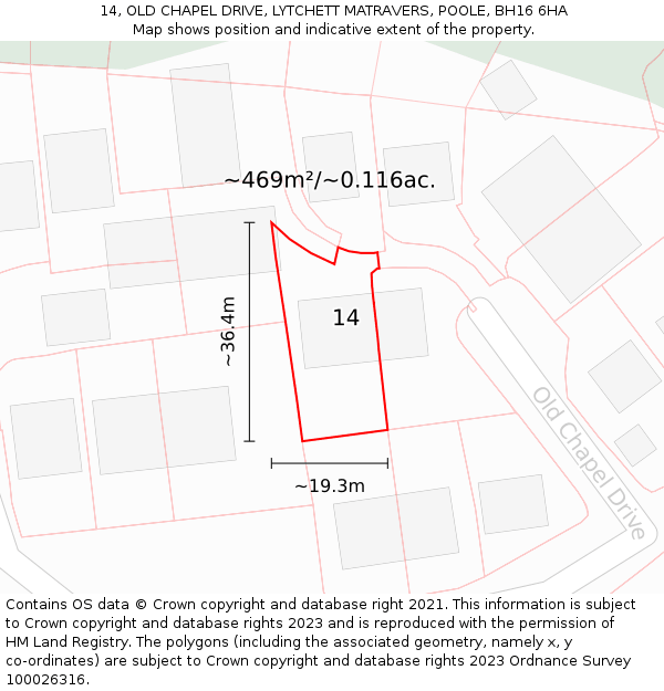 14, OLD CHAPEL DRIVE, LYTCHETT MATRAVERS, POOLE, BH16 6HA: Plot and title map