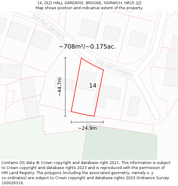 14, OLD HALL GARDENS, BROOKE, NORWICH, NR15 1JZ: Plot and title map