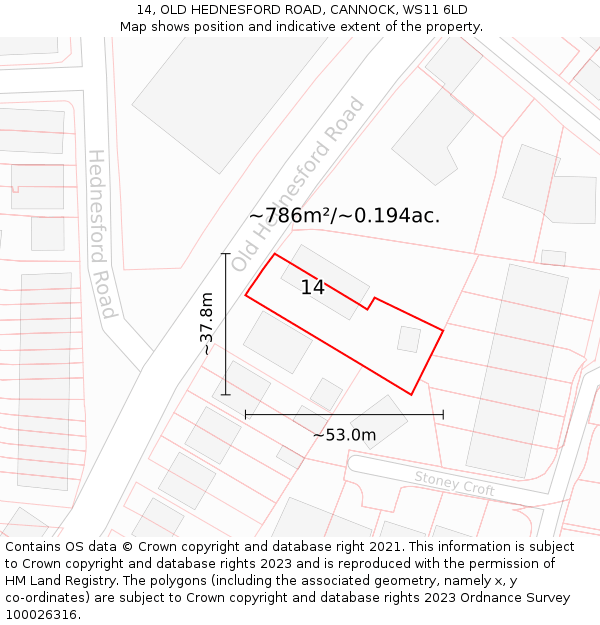 14, OLD HEDNESFORD ROAD, CANNOCK, WS11 6LD: Plot and title map