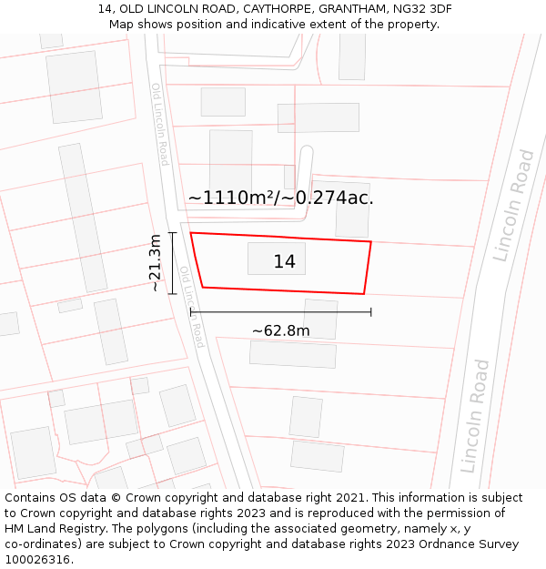 14, OLD LINCOLN ROAD, CAYTHORPE, GRANTHAM, NG32 3DF: Plot and title map