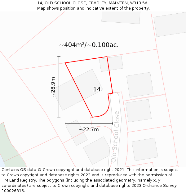 14, OLD SCHOOL CLOSE, CRADLEY, MALVERN, WR13 5AL: Plot and title map
