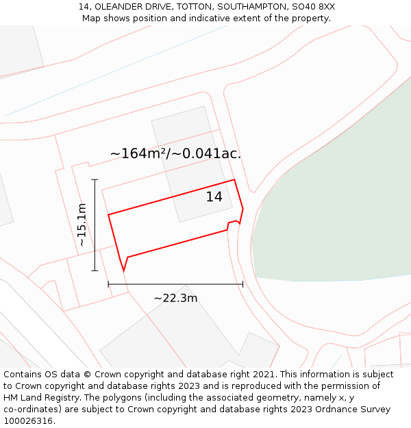 14, OLEANDER DRIVE, TOTTON, SOUTHAMPTON, SO40 8XX: Plot and title map