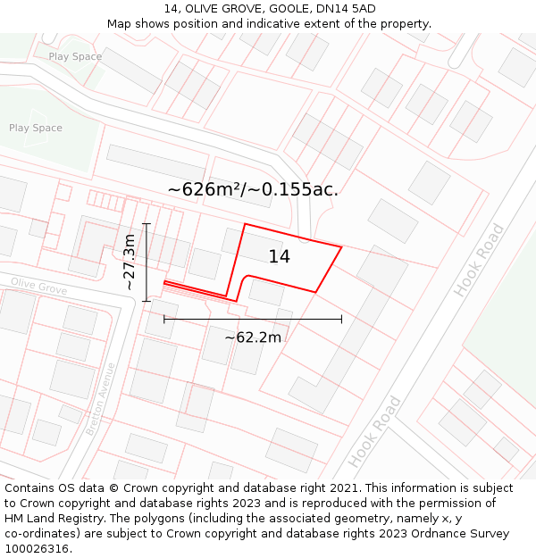 14, OLIVE GROVE, GOOLE, DN14 5AD: Plot and title map