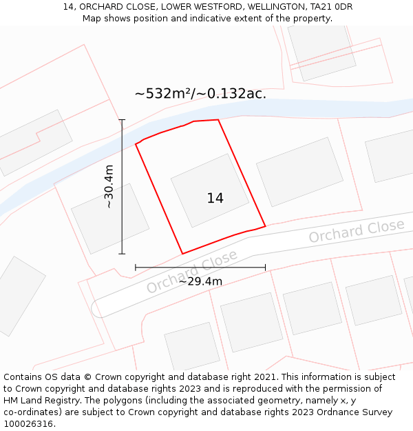 14, ORCHARD CLOSE, LOWER WESTFORD, WELLINGTON, TA21 0DR: Plot and title map