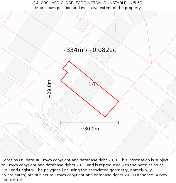 14, ORCHARD CLOSE, TODDINGTON, DUNSTABLE, LU5 6DJ: Plot and title map