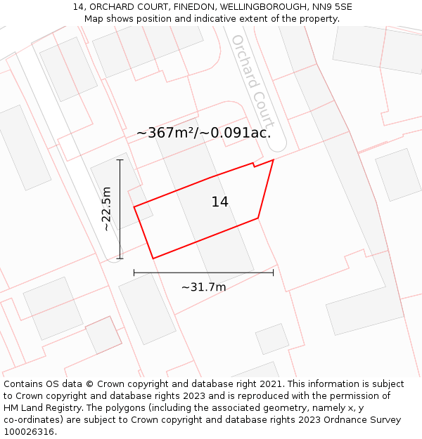 14, ORCHARD COURT, FINEDON, WELLINGBOROUGH, NN9 5SE: Plot and title map