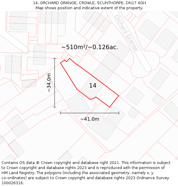 14, ORCHARD GRANGE, CROWLE, SCUNTHORPE, DN17 4GH: Plot and title map