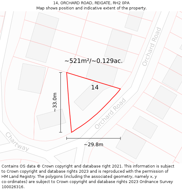 14, ORCHARD ROAD, REIGATE, RH2 0PA: Plot and title map