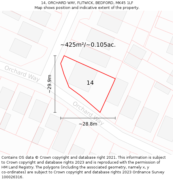 14, ORCHARD WAY, FLITWICK, BEDFORD, MK45 1LF: Plot and title map