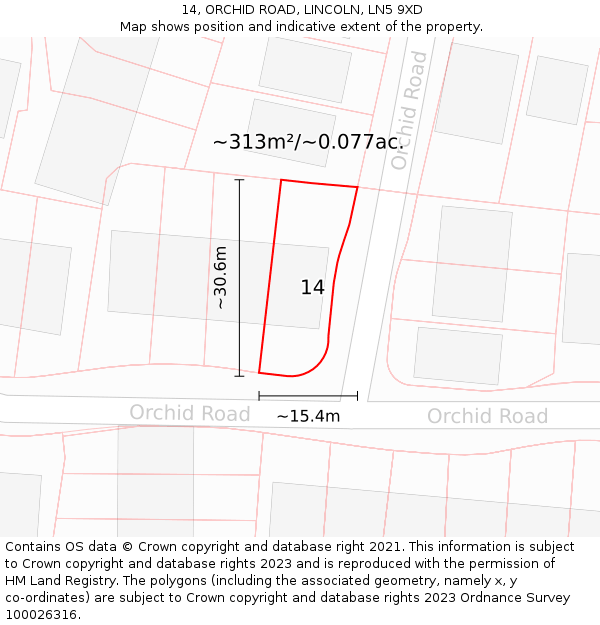 14, ORCHID ROAD, LINCOLN, LN5 9XD: Plot and title map