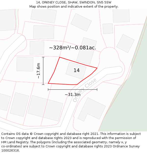 14, ORKNEY CLOSE, SHAW, SWINDON, SN5 5SW: Plot and title map