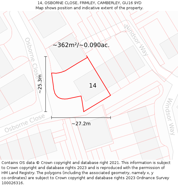 14, OSBORNE CLOSE, FRIMLEY, CAMBERLEY, GU16 9YD: Plot and title map