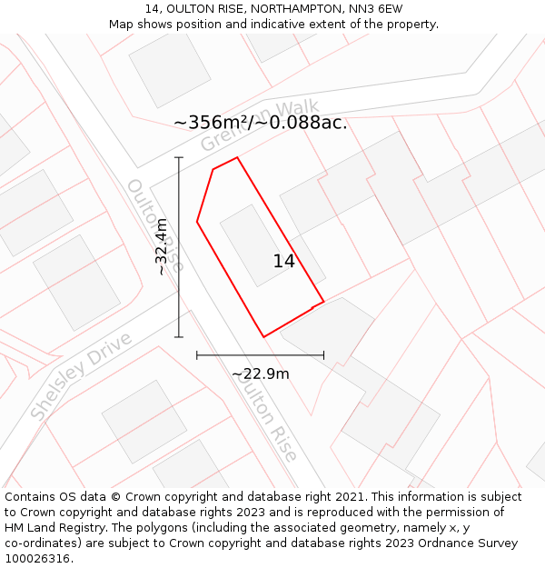 14, OULTON RISE, NORTHAMPTON, NN3 6EW: Plot and title map