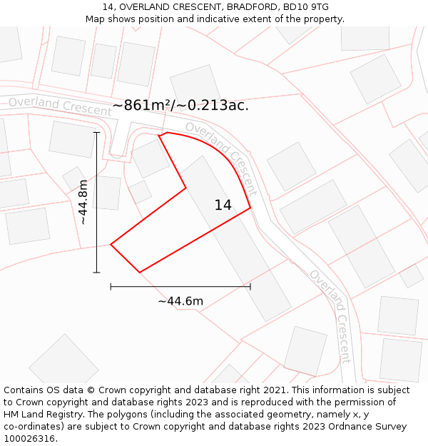 14, OVERLAND CRESCENT, BRADFORD, BD10 9TG: Plot and title map