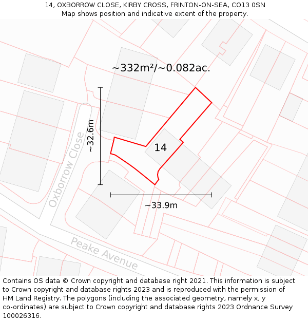 14, OXBORROW CLOSE, KIRBY CROSS, FRINTON-ON-SEA, CO13 0SN: Plot and title map