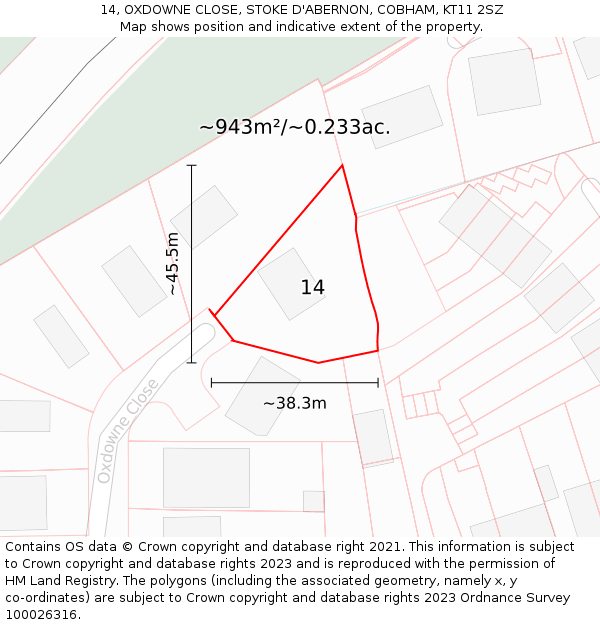 14, OXDOWNE CLOSE, STOKE D'ABERNON, COBHAM, KT11 2SZ: Plot and title map