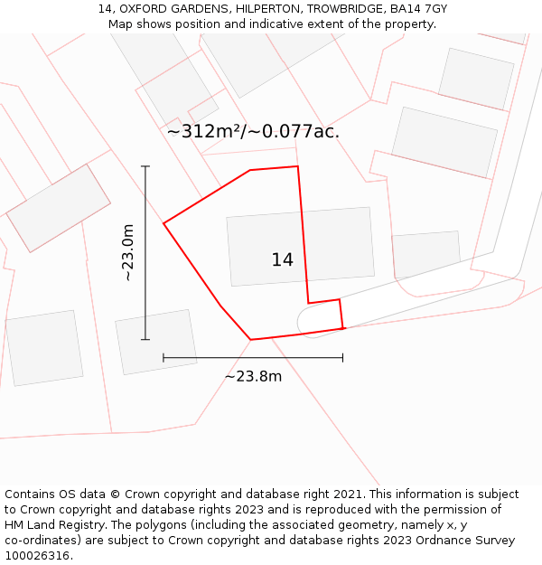 14, OXFORD GARDENS, HILPERTON, TROWBRIDGE, BA14 7GY: Plot and title map