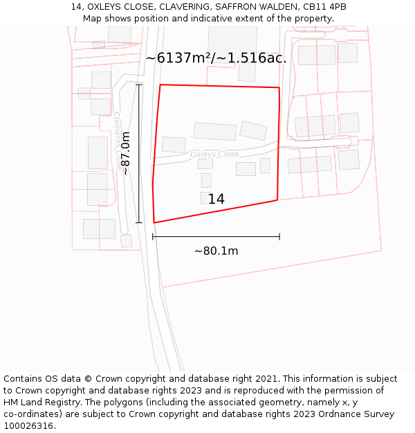 14, OXLEYS CLOSE, CLAVERING, SAFFRON WALDEN, CB11 4PB: Plot and title map