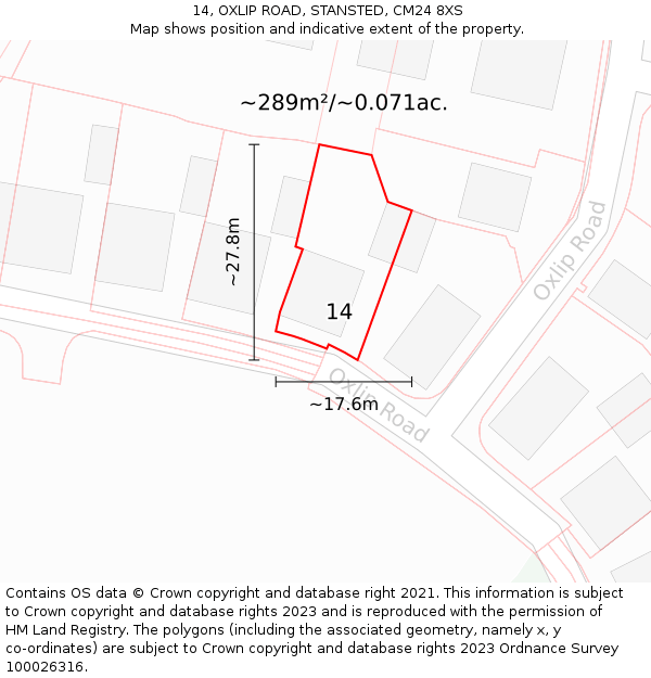 14, OXLIP ROAD, STANSTED, CM24 8XS: Plot and title map