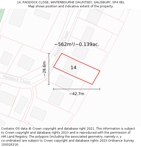 14, PADDOCK CLOSE, WINTERBOURNE DAUNTSEY, SALISBURY, SP4 6EL: Plot and title map
