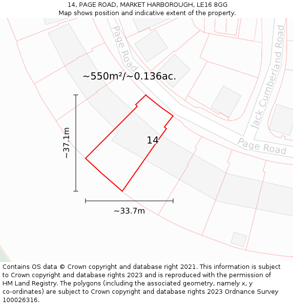 14, PAGE ROAD, MARKET HARBOROUGH, LE16 8GG: Plot and title map