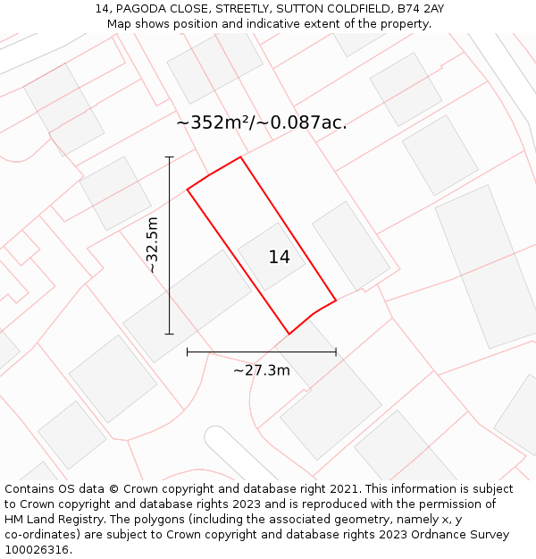 14, PAGODA CLOSE, STREETLY, SUTTON COLDFIELD, B74 2AY: Plot and title map