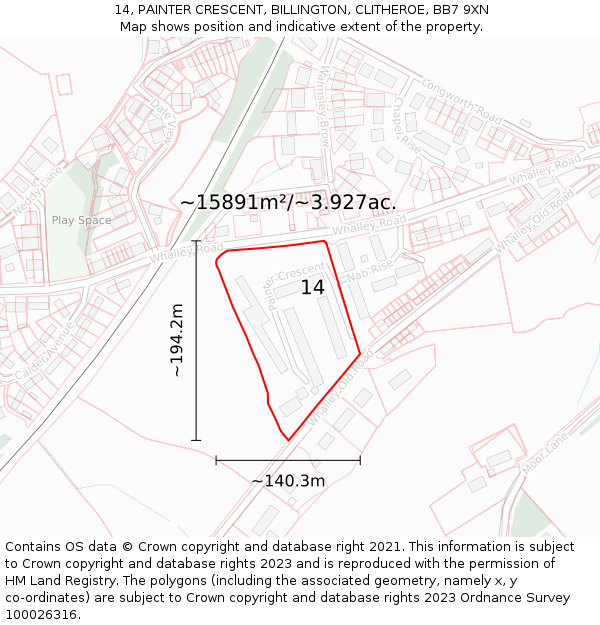 14, PAINTER CRESCENT, BILLINGTON, CLITHEROE, BB7 9XN: Plot and title map