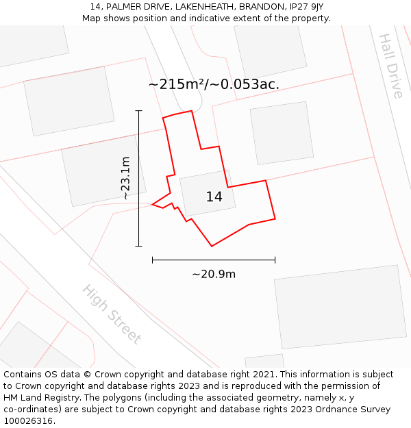 14, PALMER DRIVE, LAKENHEATH, BRANDON, IP27 9JY: Plot and title map