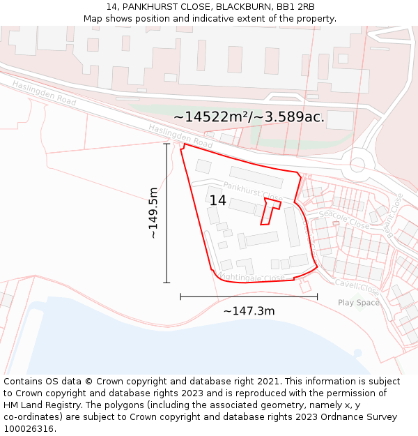 14, PANKHURST CLOSE, BLACKBURN, BB1 2RB: Plot and title map