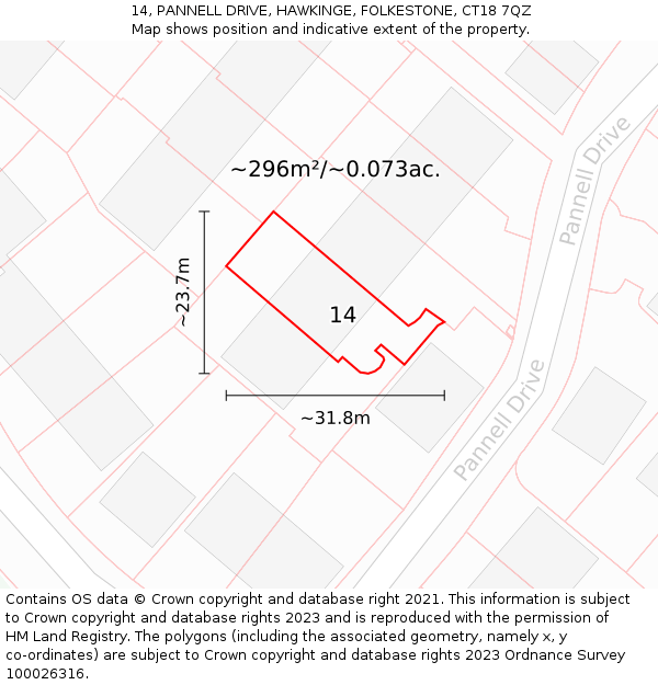 14, PANNELL DRIVE, HAWKINGE, FOLKESTONE, CT18 7QZ: Plot and title map