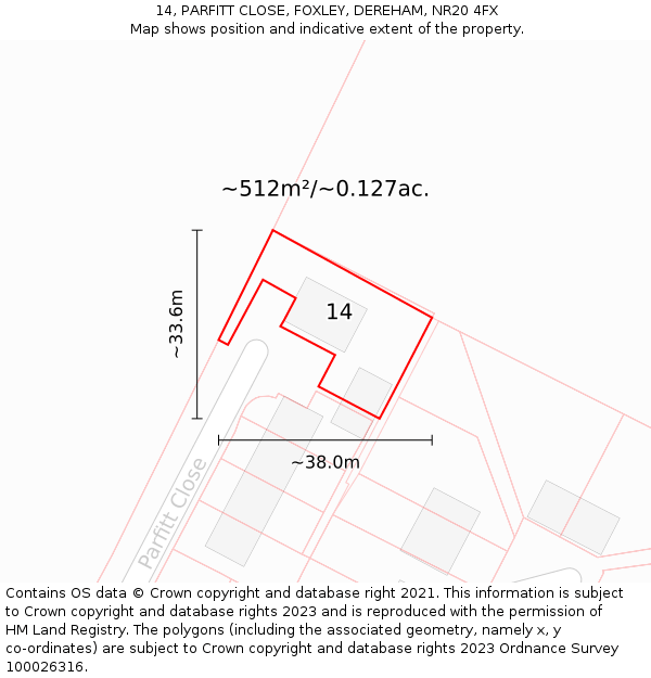 14, PARFITT CLOSE, FOXLEY, DEREHAM, NR20 4FX: Plot and title map
