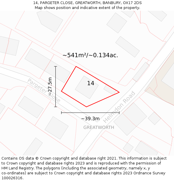 14, PARGETER CLOSE, GREATWORTH, BANBURY, OX17 2DS: Plot and title map