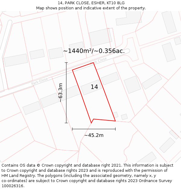 14, PARK CLOSE, ESHER, KT10 8LG: Plot and title map