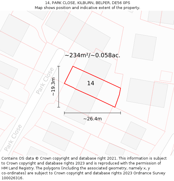 14, PARK CLOSE, KILBURN, BELPER, DE56 0PS: Plot and title map