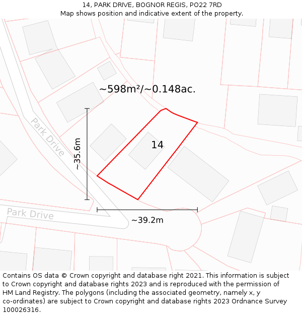 14, PARK DRIVE, BOGNOR REGIS, PO22 7RD: Plot and title map