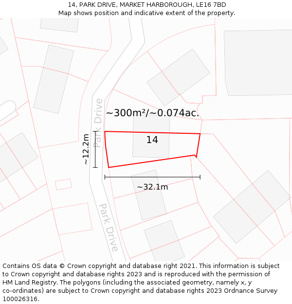 14, PARK DRIVE, MARKET HARBOROUGH, LE16 7BD: Plot and title map