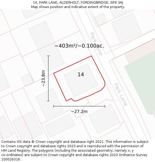 14, PARK LANE, ALDERHOLT, FORDINGBRIDGE, SP6 3AJ: Plot and title map